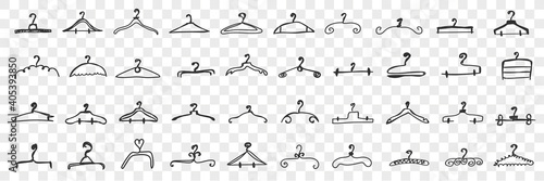 Various clothes hangers doodle set. Collection of hand drawn elegant hangers for clothing of different shapes and styles isolated on transparent background. Illustration of fashion accessories