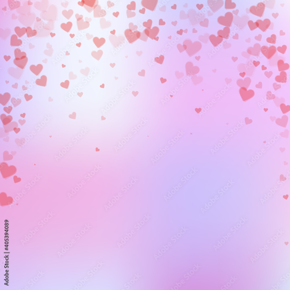 Red heart love confettis. Valentine's day falling rain attractive background. Falling transparent hearts confetti on gentle background. Creative vector illustration.