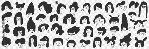 Brunette female hairstyles doodle set. Collection of hand drawn female characters with various black short and long hairstyles isolated on transparent background. Illustration of stylish hairdressing