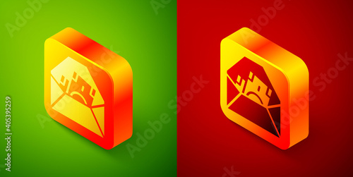 Free Download Isometric Envelope with coin dollar symbol icon isolated on green and red background. Salary increase, money payroll, compensation income. Square button. Vector. - GFXLoad