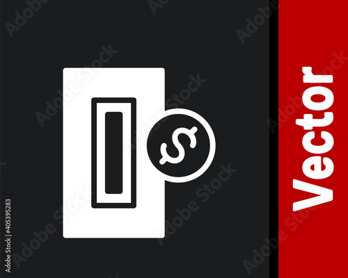 White Hand inserting coin to a slot on a vending machine or arcade machine icon isolated on black background. Vector.
