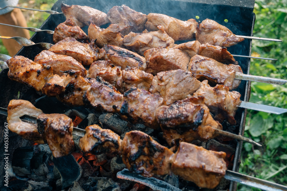 pork kebab is cooked on skewers on a fire