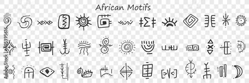African motives and patterns doodle set. Collection of hand drawn stylish oriental pattens signs and motives of african cultures isolated on transparent background. Illustration of cultural paintings