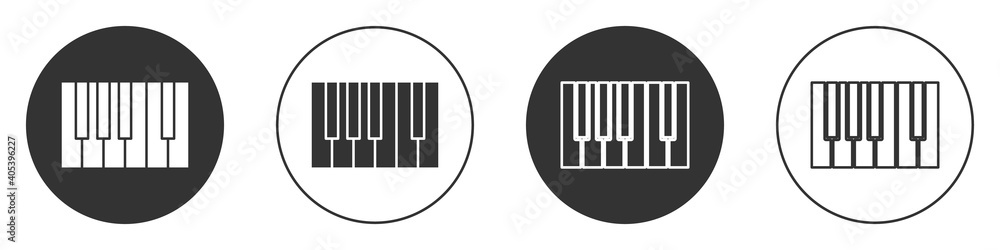Black Grand piano icon isolated on white background. Musical instrument. Circle button. Vector. Black Grand piano icon isolated on white background. Musical instrument. Circle button. Vector.