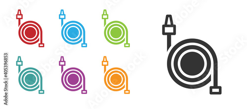Black Fire hose reel icon isolated on white background. Set icons colorful. Vector.