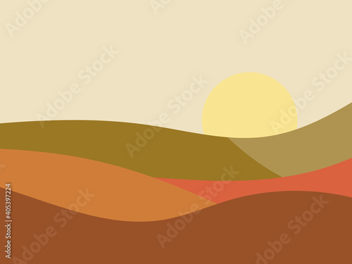 Natural landscape in a minimalistic style. Plains and mountains  fields and meadows. Boho decor for prints  posters and interior design. Mid Century modern decor. Vector illustration