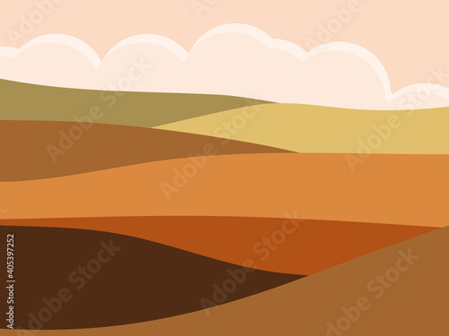 Natural landscape in a minimalistic style. Plains and mountains  fields and meadows. Boho decor for prints  posters and interior design. Mid Century modern decor. Vector illustration