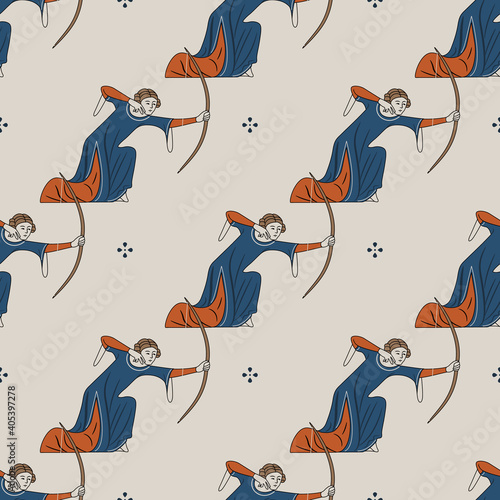 Seamless pattern with medieval female archers. Woman with bow. Illuminated manuscript motif.