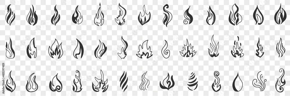 Fire and flame doodle set. Collection of hand drawn fire flames and forks of flames in different shapes burning in air in rows isolated on transparent background. Illustration of fire patterns 