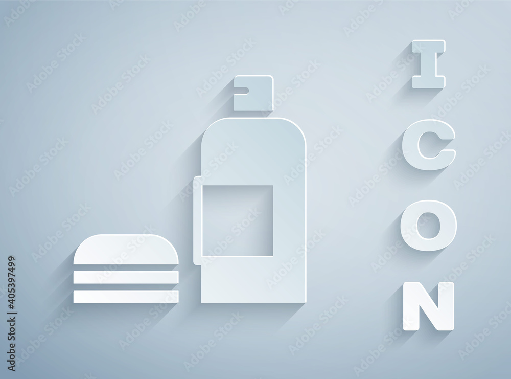 Paper cut Bottle of shampoo icon isolated on grey background. Paper art style. Vector. Paper cut Bottle of shampoo icon isolated on grey background. Paper art style. Vector.