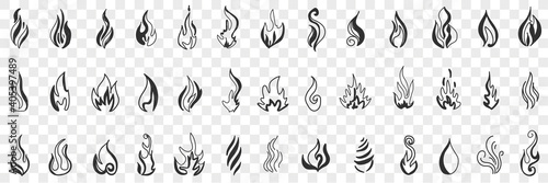 Fire and flame doodle set. Collection of hand drawn fire flames and forks of flames in different shapes burning in air in rows isolated on transparent background. Illustration of fire patterns 