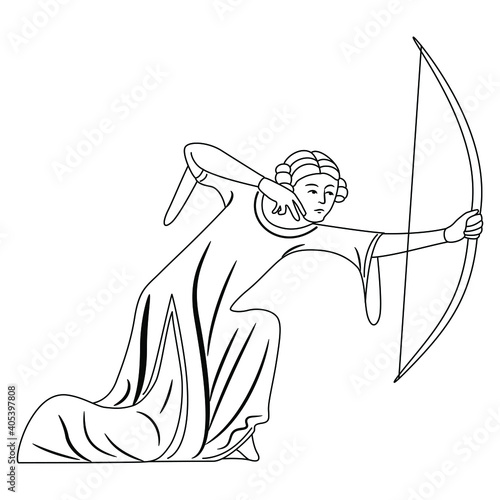 Medieval woman with bow. Archer lady. Illuminated manuscript motif. Black and white linear silhouette.