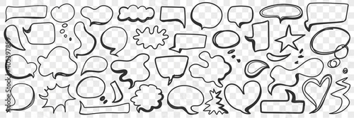 Various shapes of chat bubble doodle set. Collection of hand drawn message communication chat bubbles in shapes of heart cloud and others isolated on transparent background