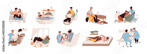 Pregnant women preparing for childbirth at hospital with obstetricians and at home with partner or doula. Female during child delivery. Set of birthing positions flat vector illustration on white