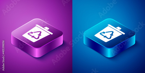 Isometric Recycle bin with recycle symbol icon isolated on blue and purple background. Trash can icon. Garbage bin sign. Recycle basket sign. Square button. Vector.
