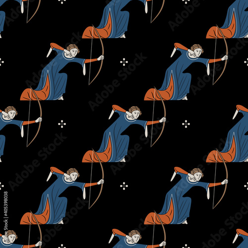 Seamless pattern with medieval female archers. Woman with bow. Illuminated manuscript motif.