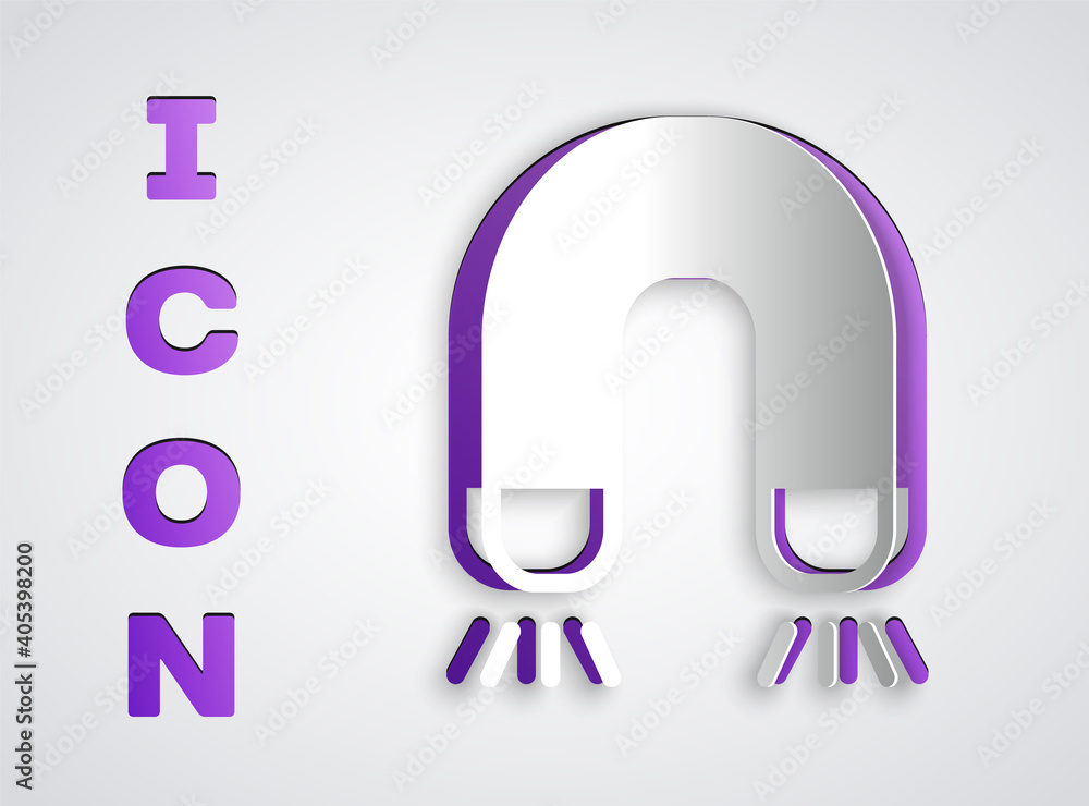 Paper cut Magnet icon isolated on grey background. Horseshoe magnet, magnetism, magnetize, attraction. Paper art style. Vector. Paper cut Magnet icon isolated on grey background. Horseshoe magnet, magnetism, magnetize, attraction. Paper art style. Vector.