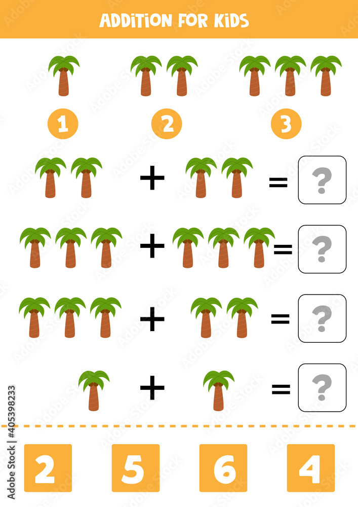 Addition game with cartoon palm tree. Math game for kids.
