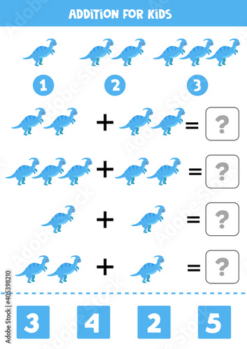 Addition game with cute blue Parasaurolophus. Math game for kids.