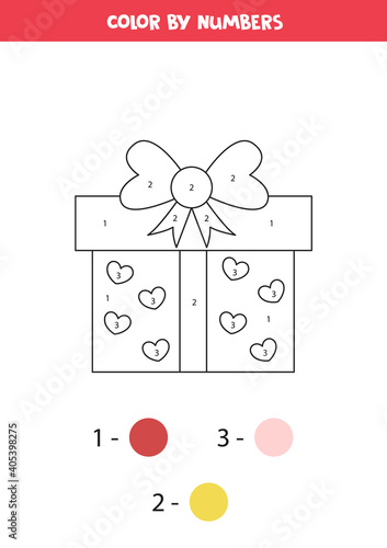Color cute cartoon valentine present by numbers. Counting game.