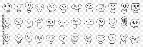 Various skull faces doodle set. Collection of hand drawn spooky skulls faces of different shapes and expressions isolated on transparent background. Illustration of skulls for kids  photo