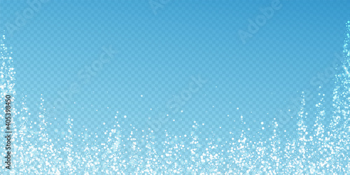 Magic stars sparse Christmas background. Subtle flying snow flakes and stars on transparent blue background. Actual winter silver snowflake overlay template. Stunning vector illustration.