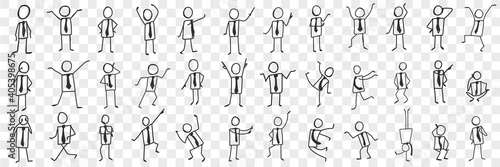 Businessman in tie doodle set. Collection of hand drawn silhouettes of businessman in tie expressing emotions with hands isolated on transparent background. Illustration of office men feeling excited