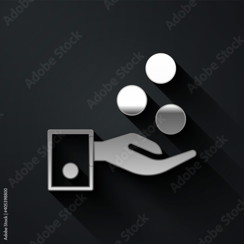 Silver People paying tips to service staff in restaurant and hotel icon isolated on black background. Tips money cash coin hotel resort service. Long shadow style. Vector.