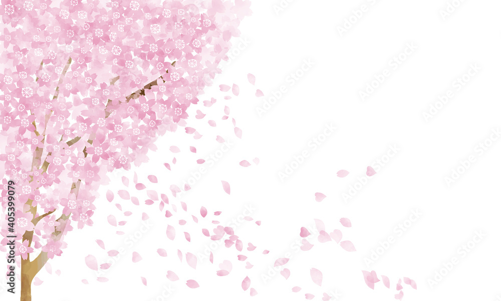 水彩風 桜の木と花びら舞う 水彩風 桜の木と花びら舞う