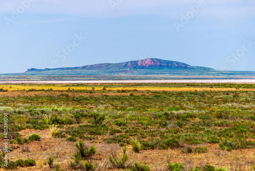 Unusual landscape. Mountain Big Bogdo in the Astrakhan region, Russia. Sacred place for practicing Buddhism. The only unique natural elevation among the steppe areas of the Caspian lowland photo