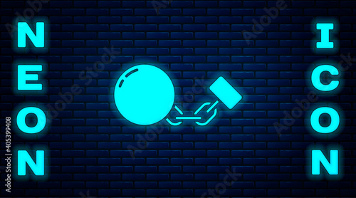 Glowing neon Ball on chain icon isolated on brick wall background. Vector.