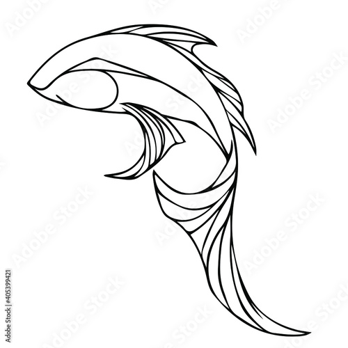 Fish coloring page for children and adults. Vector illustration in black outline on a white background. Design for clothes, dishes, paper, cards, books, tattoo