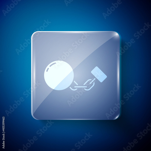 White Ball on chain icon isolated on blue background. Square glass panels. Vector.