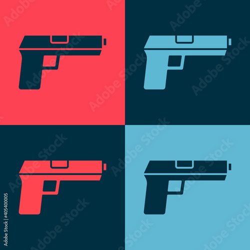 Pop art Pistol or gun icon isolated on color background. Police or military handgun. Small firearm. Vector.