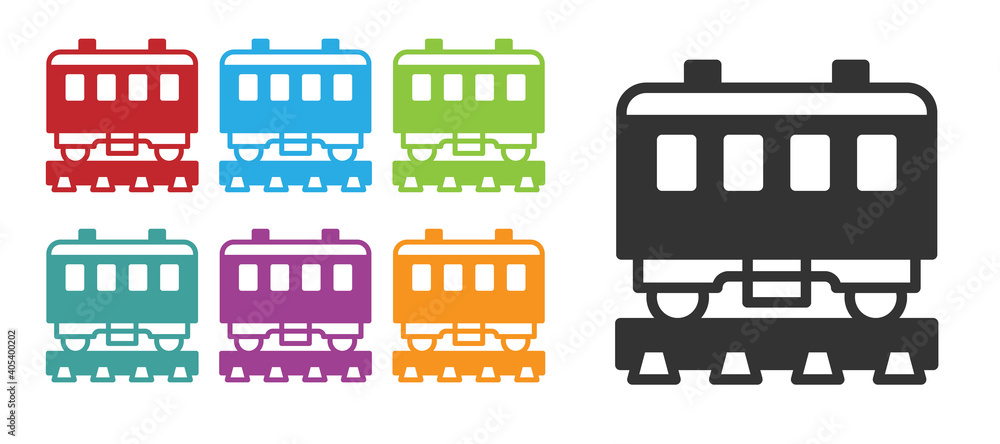 Naklejka premium Black Passenger train cars icon isolated on white background. Railway carriage. Set icons colorful. Vector.