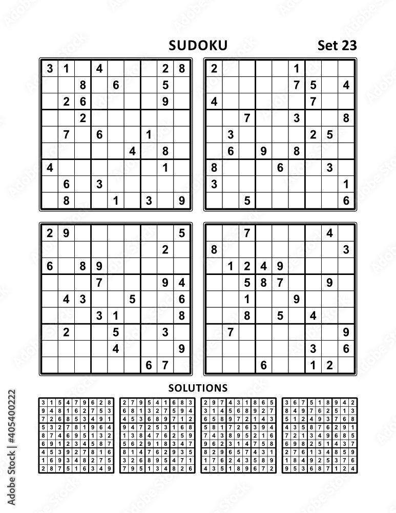 Four sudoku puzzles of comfortable (easy, yet not very easy) level, on A4 or Letter sized page with margins, suitable for large print books, answers included. Set 23.
Four sudoku puzzles of comfortable (easy, yet not very easy) level, on A4 or Letter sized page with margins, suitable for large print books, answers included. Set 23.