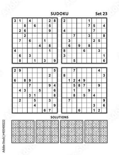 Four sudoku puzzles of comfortable (easy, yet not very easy) level, on A4 or Letter sized page with margins, suitable for large print books, answers included. Set 23.
