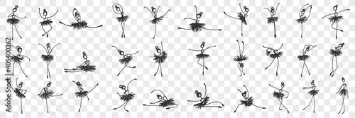 Women ballerina dancing doodle set. Collection of hand drawn elegant female characters classical dancers ballerinas making performance in different positions isolated on transparent background