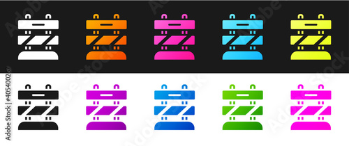 Set End of railway tracks icon isolated on black and white background. Stop sign. Railroad buffer end to destination. Vector.