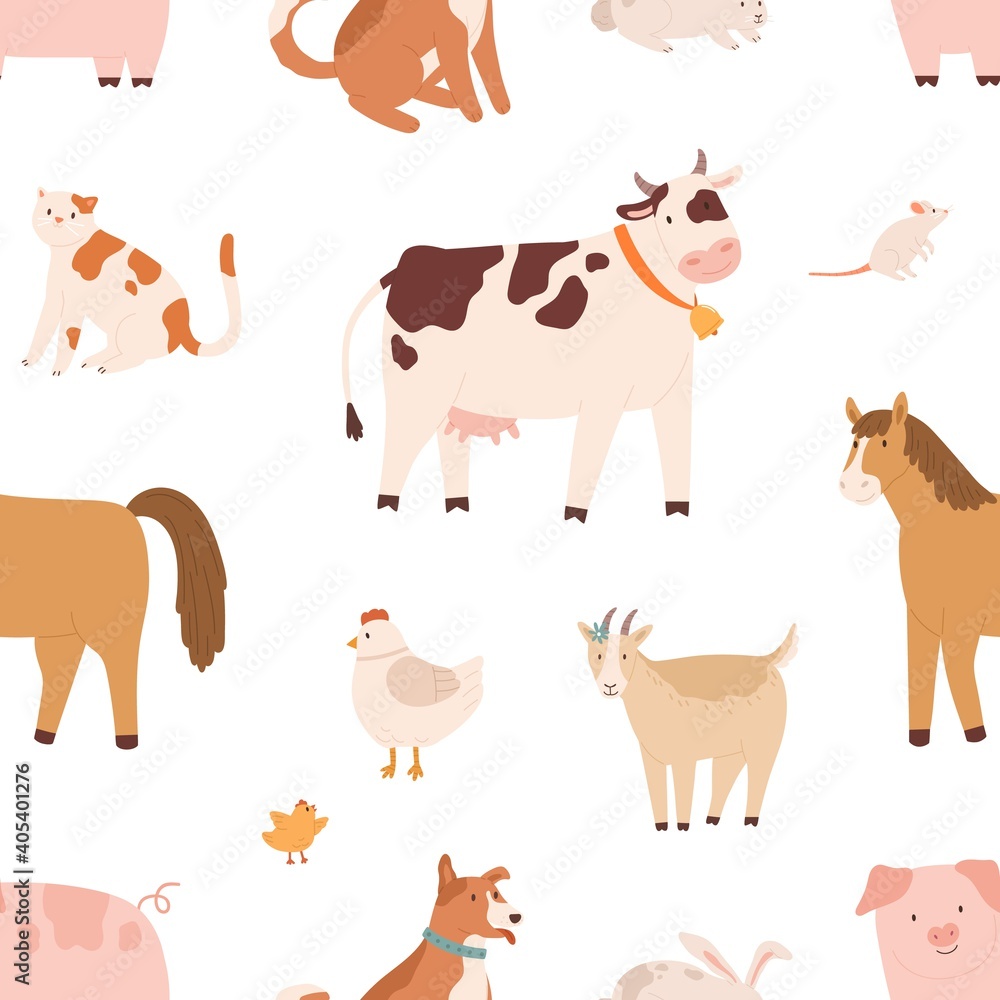 Seamless pattern with farm domestic animals. Endless repeatable backdrop with cow, horse, goat, pig, rabbit, cat, dog, mouse, hen and chicken. Colorful flat vector illustration on white background