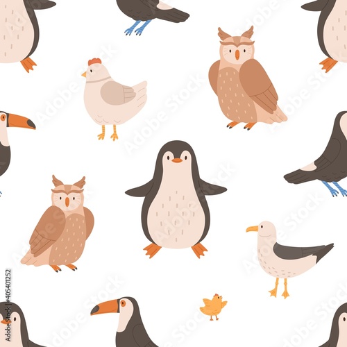 Seamless pattern with wild and domestic birds for printing. Endless repeatable backdrop with owl  penguin  gull  toucan  hen and chicken. Childish colored flat vector repeatable texture on white