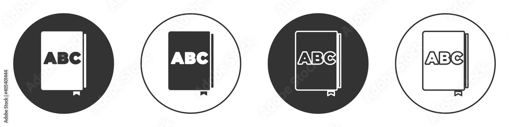 Black ABC book icon isolated on white background. Dictionary book sign. Alphabet book icon. Circle button. Vector. Black ABC book icon isolated on white background. Dictionary book sign. Alphabet book icon. Circle button. Vector.