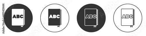 Black ABC book icon isolated on white background. Dictionary book sign. Alphabet book icon. Circle button. Vector.
