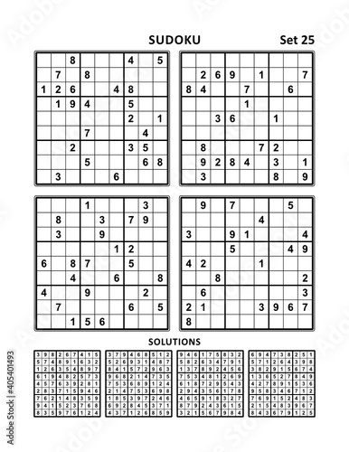 Four sudoku puzzles of comfortable (easy, yet not very easy) level, on A4 or Letter sized page with margins, suitable for large print books, answers included. Set 25.

