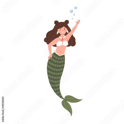 Beautiful brunette mermaid with long hair and fish tail. Cute underwater fairy character in shell bra winking and waving with hand. Colored flat vector illustration isolated on white background