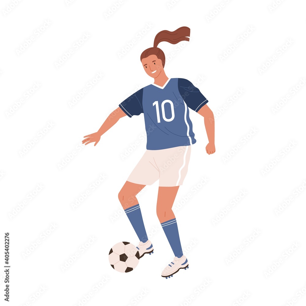 Young female soccer player kicking ball forward. Woman playing football in blue sports uniform, boots with studded sole and stockings. Colorful flat vector illustration isolated on white background Young female soccer player kicking ball forward. Woman playing football in blue sports uniform, boots with studded sole and stockings. Colorful flat vector illustration isolated on white background