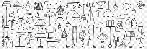 Lamps and floor lamps doodle set. Collection of hand drawn cute elegant lamps for home decorating on various shapes and sizes isolated on transparent background. Illustration of light equipment 