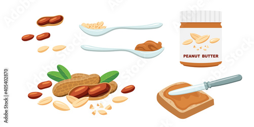 Peanut butter set, spoon, jar, knife sandwich, kernel. vector