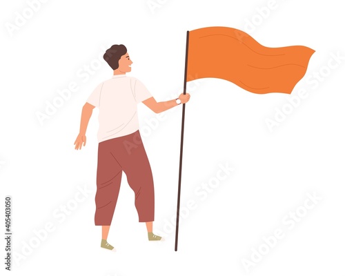 Young modern man standing and holding waving flag as symbol of success and leadership. Goal achievement concept. Colored flat vector illustration isolated on white background