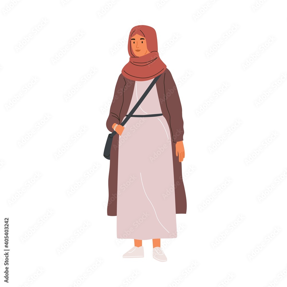 Young modern Muslim woman wearing trendy casual clothes and hijab. Arab female character in long dress, sneakers and traditional headdress isolated on white background. Flat vector illustration